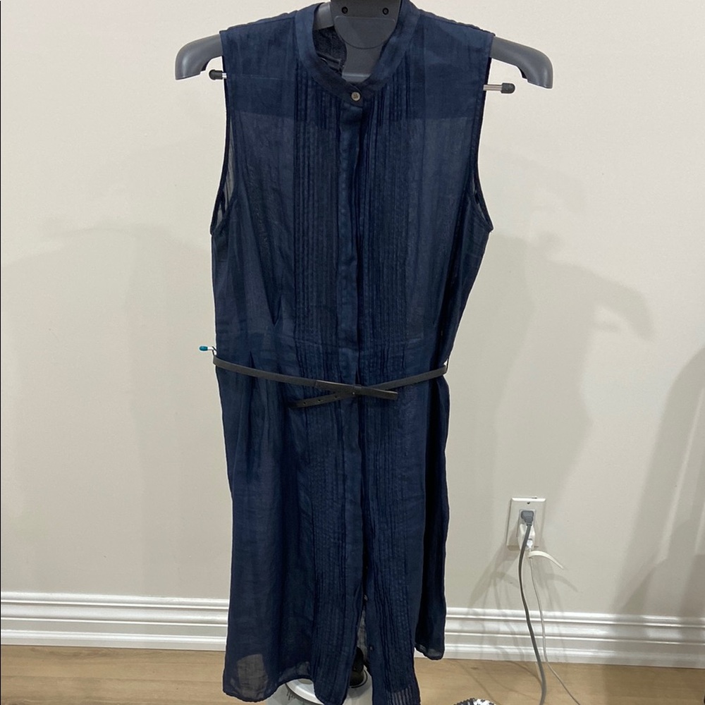 Theory navy blue sheer linen dress with belt.